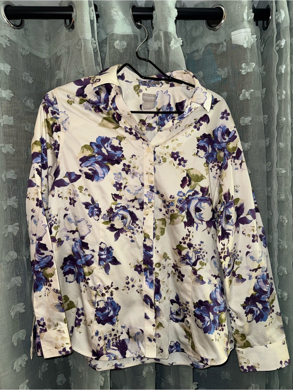 Chico's White Blouse with Blue and Purple Floral Print